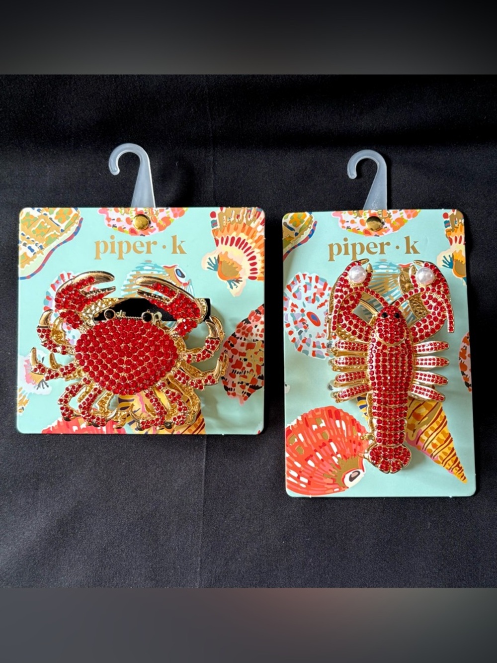 2 Piper K Jeweled Red Rhinestone Metal  Hair Clips Crab & Lobster Nautical NEW